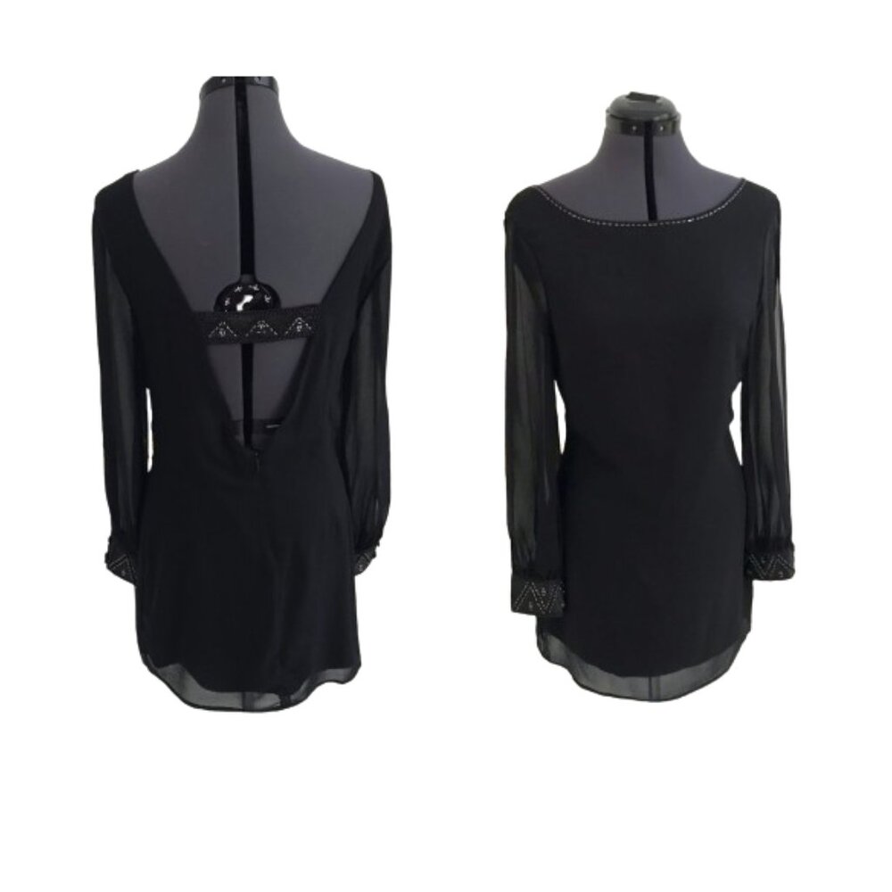 Karlie Black Chiffon Cocktail Dress, Size M, Low Back, Slit sleeves, beading